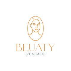beauty woman face portrait long hair salon treatment line style mascot circle rounded simple logo design vector icon illustration