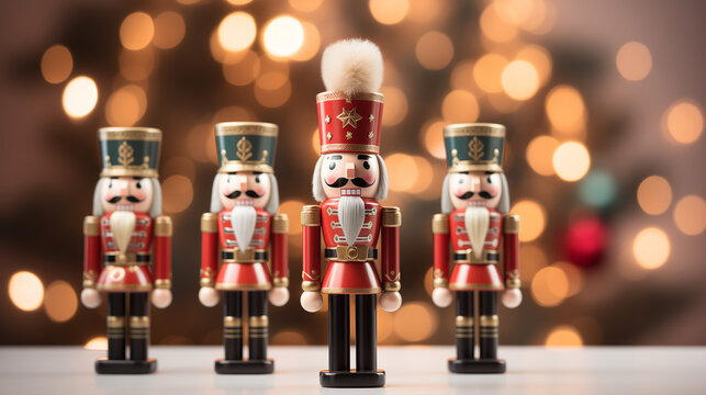 Traditional Wooden Nutcracker decoration on bokeh background.