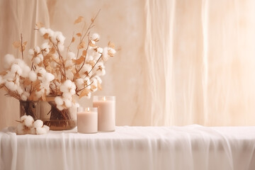 candles and cotton bouquet on a clean table, relaxation spa, wellness, beauty, massage therapy, luxury aesthetic