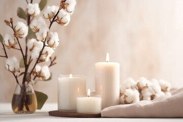 candles and cotton bouquet on a clean table, relaxation spa, wellness, beauty, massage therapy, luxury aesthetic