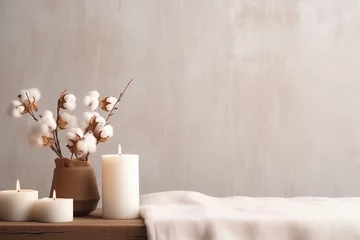 Fotobehang candles and cotton bouquet on a clean table, relaxation spa, wellness, beauty, massage therapy, luxury aesthetic © blaize
