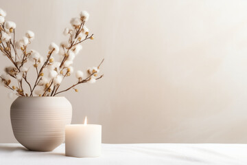 candles and cotton bouquet on a clean table, relaxation spa, wellness, beauty, massage therapy, luxury aesthetic