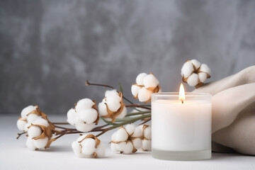 Obraz na płótnie Canvas candles and cotton bouquet on a clean table, relaxation spa, wellness, beauty, massage therapy, luxury aesthetic