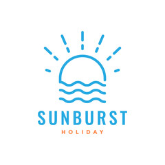 wave with sun sunburst simple line style minimal holidays logo design vector icon illustration