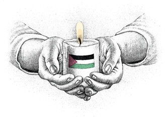 Palestinian flag on a burning candle. Hand drawn illustration.
