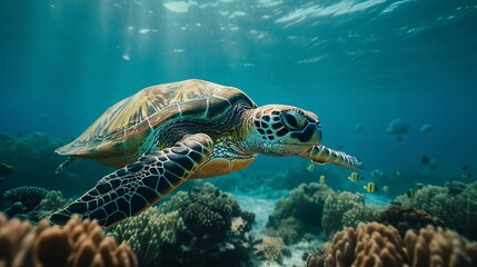 Obraz premium AI generated illustration of a majestic sea turtle gliding through a tropical coral reef