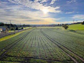 Railroad tracks cut through freshly sown green fields just after sunrise. This image symbolizes the promise of new beginnings, growth, and endless possibilities. Landscape mode