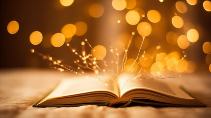 Open book with glowing lights on bokeh background.