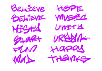Collection of graffiti street art tags with words and symbols in violet color on white background
