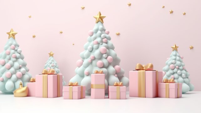 Christmas 3D light pink and green backgrounds. Plastic minimalistic Christmas trees, deers, gift boxes decoration for flyer, banner, advertisement. Pastel colored