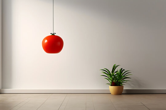 Tomato-shaped lamp in a room with white walls and shadow