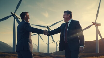 business man success at wind turbines, green energy and innovation. - obrazy, fototapety, plakaty