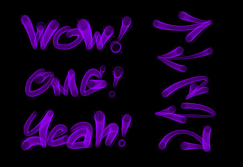 Collection of graffiti street art tags with words and symbols in violet color on black background