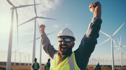 Engineer business success at wind turbines, green energy and innovation.