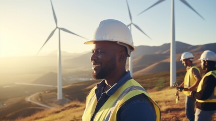 Engineer business success at wind turbines, green energy and innovation.