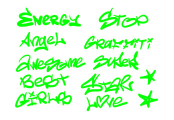 Collection of graffiti street art tags with words and symbols in light green color on white background