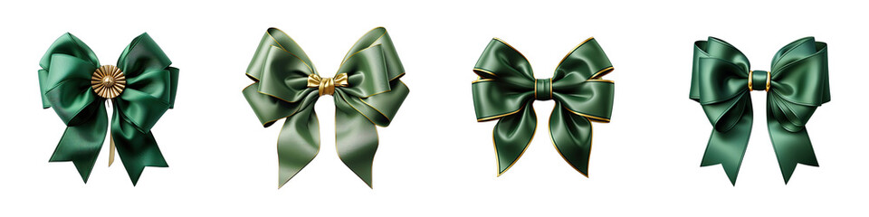 green ribbon bow with gold  Hyperrealistic Highly Detailed Isolated On Transparent Background Png File