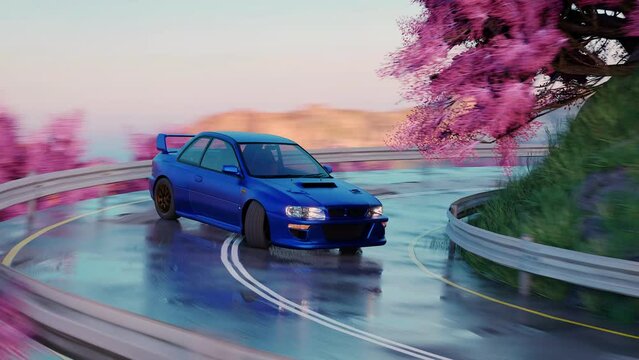 Loop blue car driving on wet asphalt at sunset. car drifting downhill, hip hop vj loop