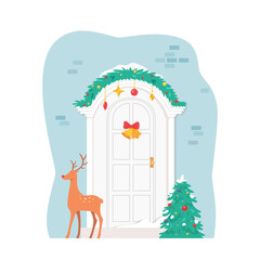 Christmas front house door decorated for holiday. Traditional xmas georgian winter home decoration with wreath, garlands and deer. Flat vector illustration isolated on blue background
