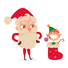 Santa Claus standing near funny elf sitting in stocking with Christmas candy gifts