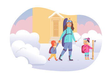 Fototapeta premium Mother and kids go skiing and snowboarding, woman walking with litle boy and girl