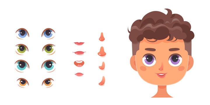 Boy face constructor vector illustration. Cartoon isolated portrait of male character with curly brown hair and kit for face construction game with different eyes, noses, open and closed mouth