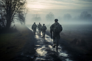 A group of soldiers walks along a dirt road with puddles in a large field in cloudy foggy weather