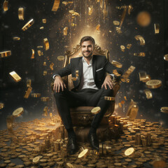 Successful wealthy man millionaire sitting on a pile of gold cash lottery winner