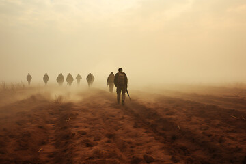A group of soldiers walks along a dirt road with puddles in a large field in cloudy foggy weather - obrazy, fototapety, plakaty