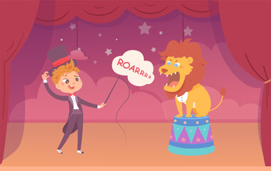 Circus performance with lion and trainer vector illustration. Cartoon isolated angry lion sitting on arena podium and roaring, cute tamer boy in vintage dress holding whip to train circus animal
