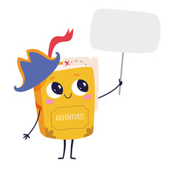 Cute adventures book cartoon character with hat, pointer stick and bookmark. Education concept with yellow kawaii book vector element isolated on white background