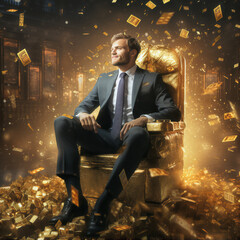 Successful wealthy man millionaire sitting on a pile of gold cash lottery winner