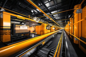 Fototapeta premium Automated warehouse fulfillment center with continuous flow of packages on conveyor belt