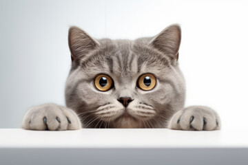 Cute cat with big eyes peeking out from behind the table and looking straight ahead isolated on light background with space for text or inscriptions.generative ai

