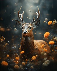 AI generated illustration of a deer with impressive horns in a field of wildflowers
