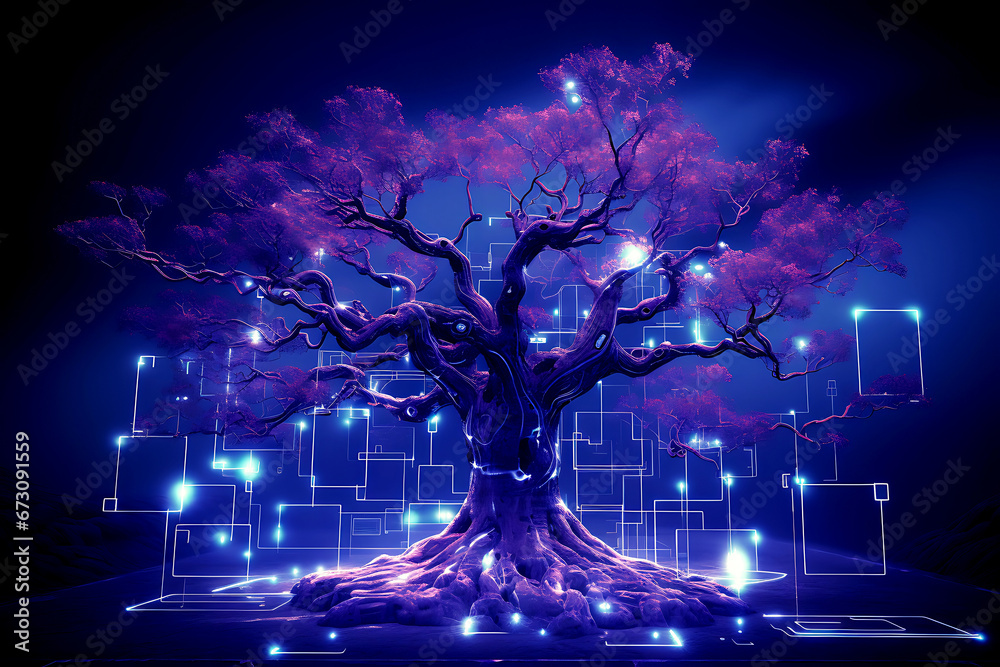 Wall mural Digital tree with glowing connection lines in branches. Technology environment. Internet communication and information storage concept