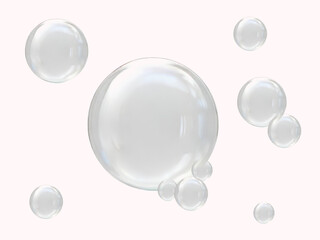 Big and small clear soap bubbles on a white background.