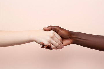 Multi race hands joined together, on a pink background. No racism - Empowerment and equal rights concept