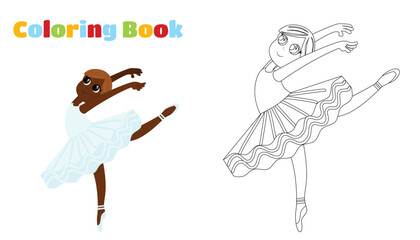 Coloring Page. A ballerina girl in a ballet tutu dances lightly and gracefully with her arms thrown back and her leg raised. She is a dancer and she is happy.