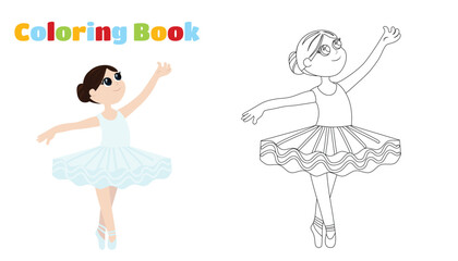 Coloring Page. A cute ballerina in a tutu dances lightly and gracefully. Child girl dancer and she is happy. Cartoon flat style for kids dance school design.