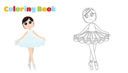 Coloring Page. A ballerina girl in a ballet tutu dances lightly and gracefully with her legs crossed. Cartoon flat style for kids dance schoo.