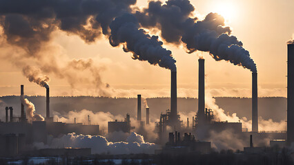 smoke from the chimney of machinery of factories polluting the air  - obrazy, fototapety, plakaty
