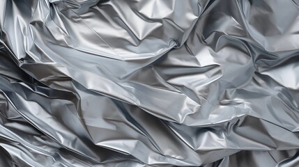 A close-up of textured crinkled aluminum foil with reflections and creases
