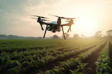 Drone used in agriculture, theme of technology and innovation used in agriculture to spray plants.generative ai - obrazy, fototapety, plakaty