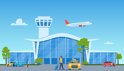 Airport terminal building, yellow taxi car, plane taking off in the background. Passenger with suitcase goes to the taxi. Travelling by plane concept. Vector illustration. © Alena