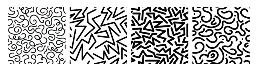 Black confetti squiggle pattern set. Seamless pattern with squiggle elements. Trendy geometric pattern	