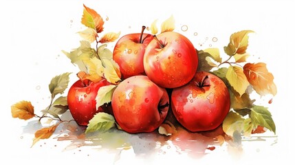 Naklejka na ściany i meble Watercolor painting featuring bright red apples and lush green leaves, AI-generated.