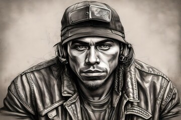 Fototapeta na wymiar A pencil sketch style drawing of a young man motorcycle gang member