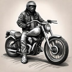 A pencil sketch style drawing of a young man motorcycle  gang member