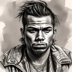 A pencil sketch style drawing of a young man motorcycle  gang member